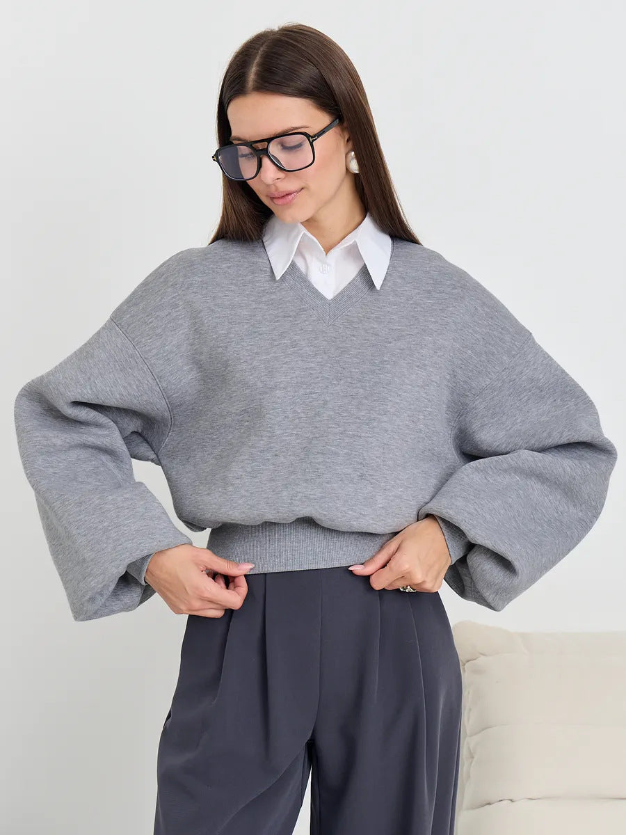 Damen Oversized-Sweater V-Ausschnitt Weite Ärmel Eveloria