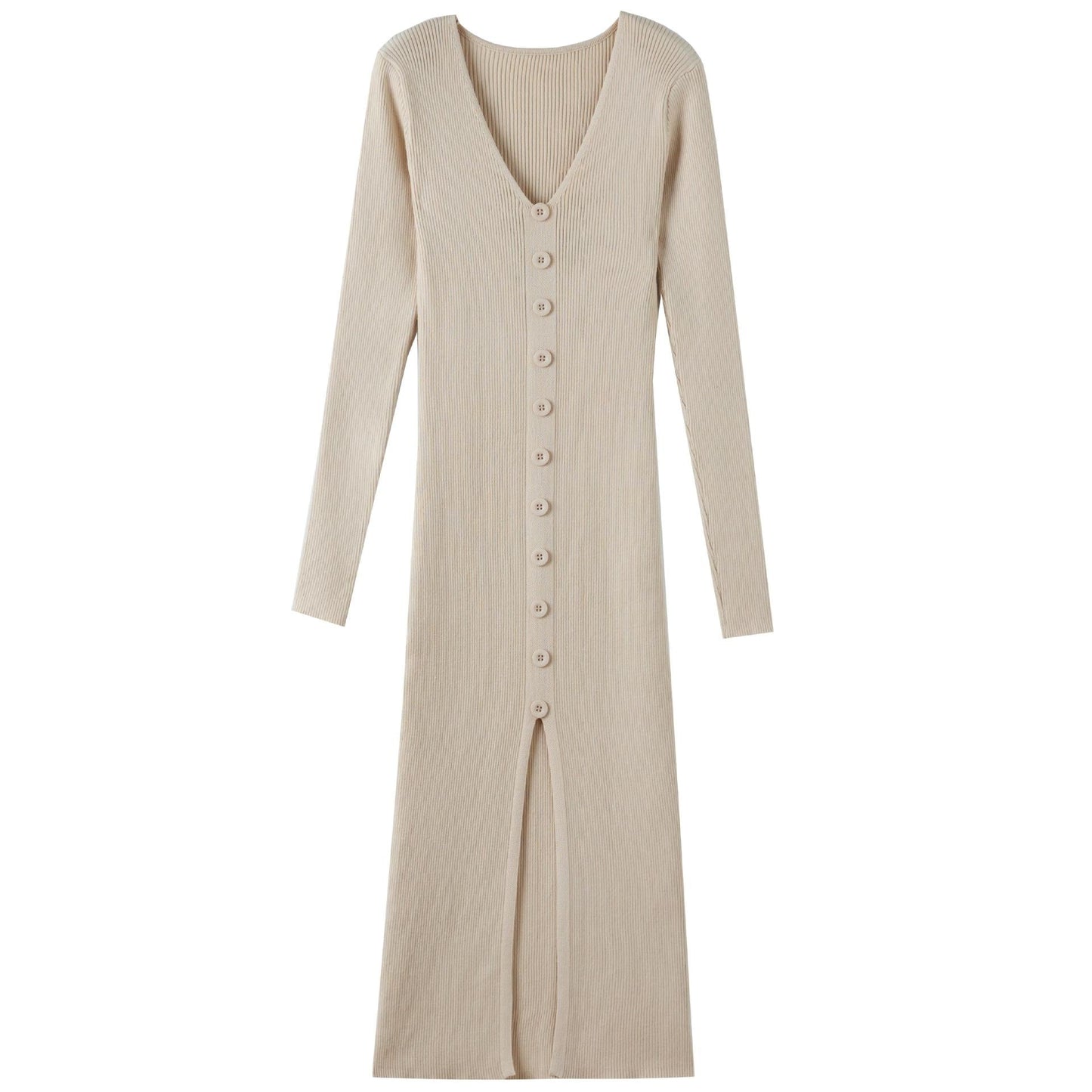 Damen Langarm Strickkleid V-Ausschnitt Durchgehende Knopfleiste