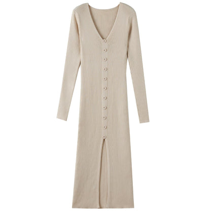 Damen Langarm Strickkleid V-Ausschnitt Durchgehende Knopfleiste