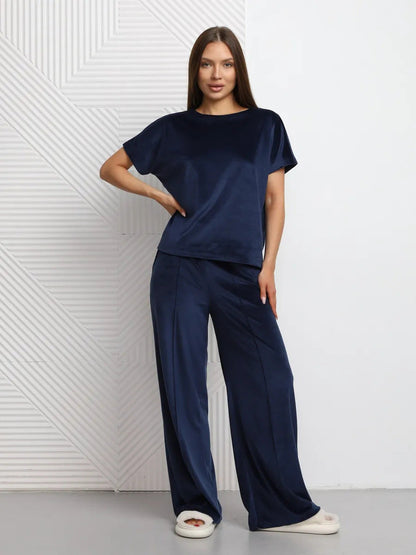 Damen Satin Loungewear Set Lässiger Schnitt Weite Hose