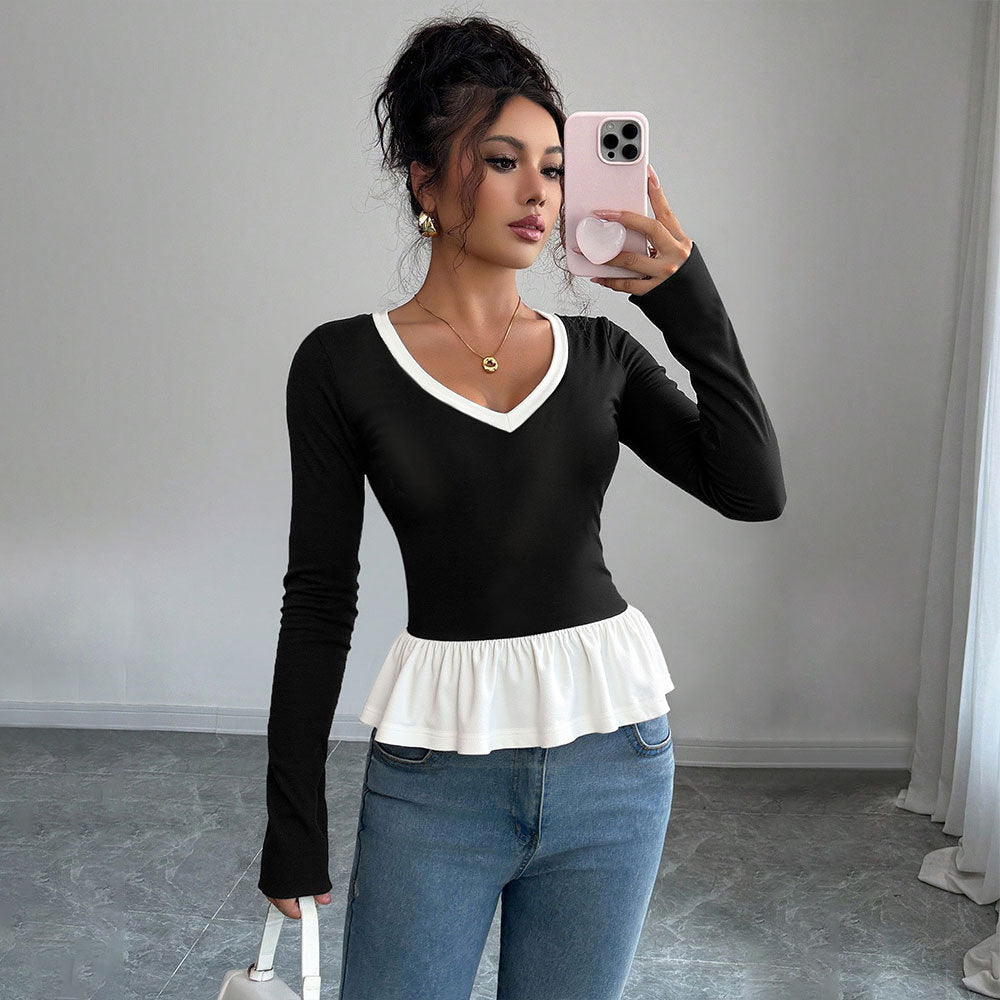 Damen Langarmshirt Rüschensaum V-Ausschnitt Eveloria - Eveloria