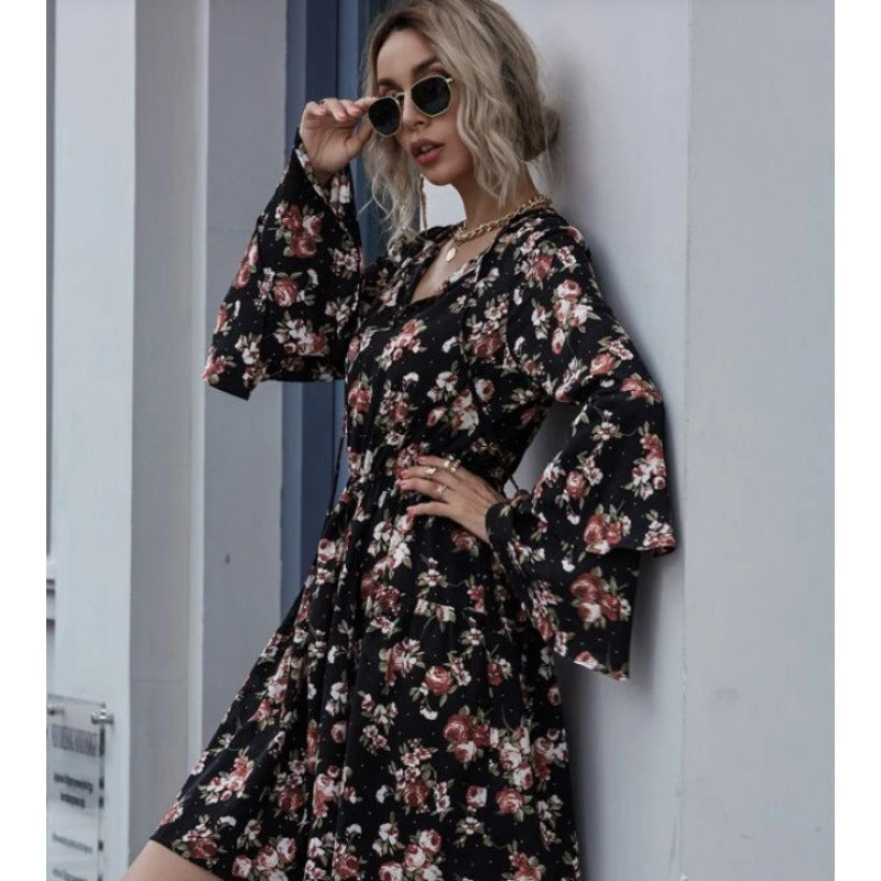Damen Midikleid Weitärmlig Floralmuster Eveloria