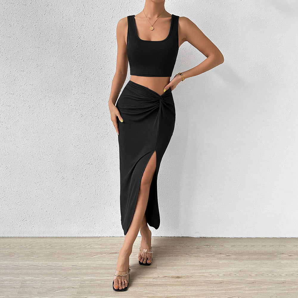 Damen Wickelkleid Asymmetrischer Schlitz Knötchen-Detail Schwarz - Eveloria