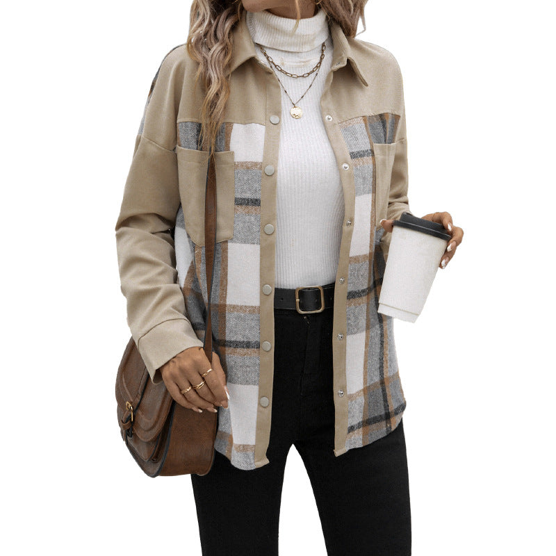 Damen Oversized Hemdjacke Kariert Baumwolle Praktische Taschen