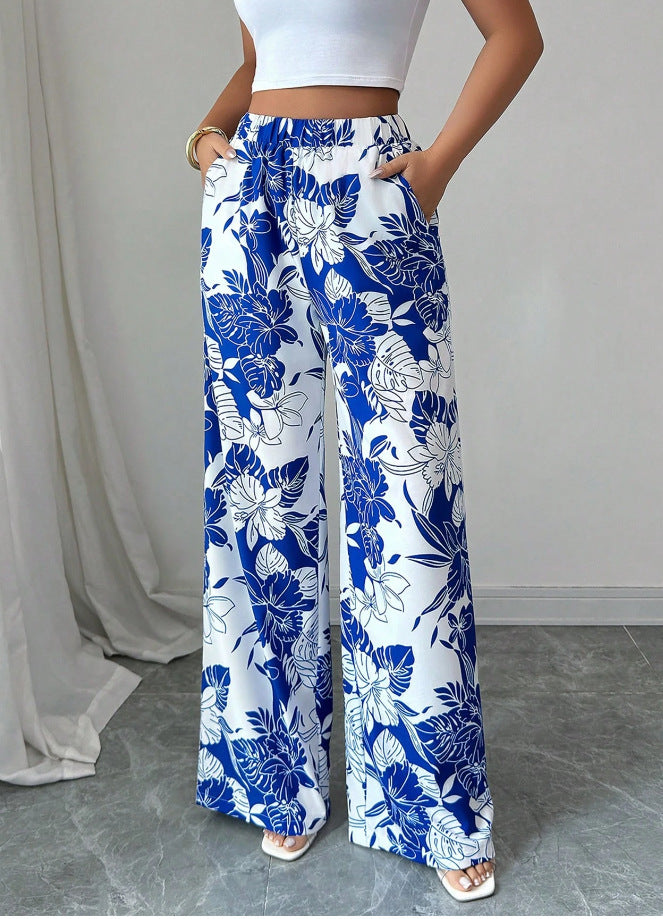 Damen Palazzohose Hochtailliert Floralmuster Seitentaschen Eveloria
