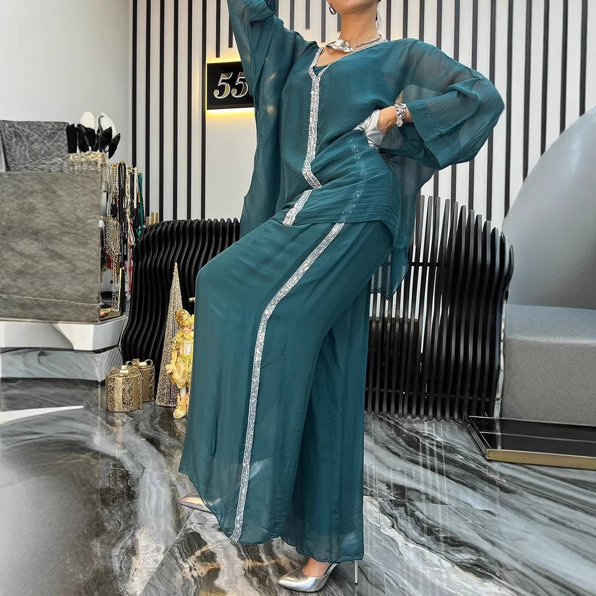 Eveloria Damen Jumpsuit Luftig Elegant Glitzernd