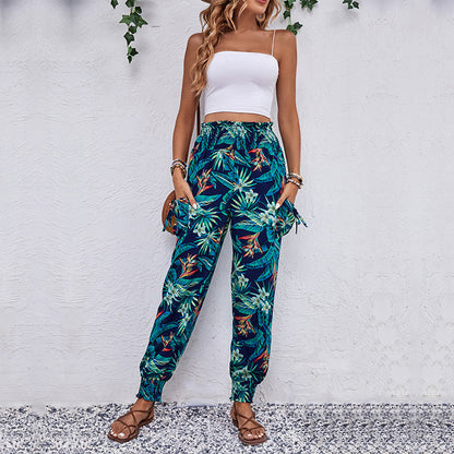 Damen Cargo-Hose Elastischer Bund Bunter Blätter-Print