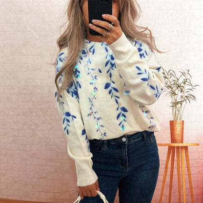 Damen Oversized-Pullover Floralmuster Kuschelstoff Beige