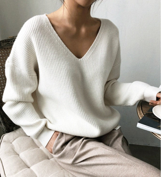 Damen Pullover V-Ausschnitt Rippstruktur Kuschelfaser Grau