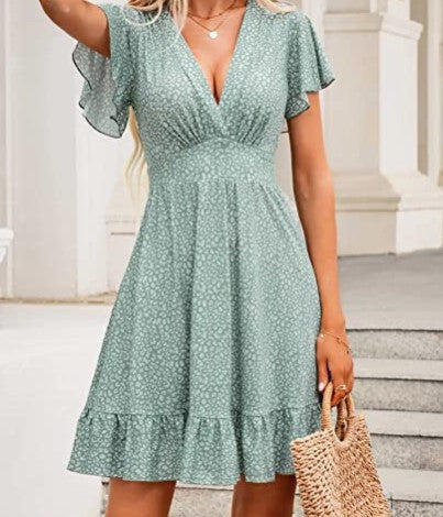 Damen Kleid V-Ausschnitt Fließender Rock Rüschendetails Eveloria