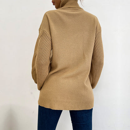 Damen Pullover Grobstrick Hochkragen Beige Eveloria