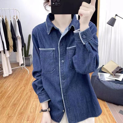 Damen Denim Bluse Kontrastkragen Blau