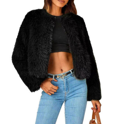 Damen Fleecejacke mit Fell-Design und Volumenärmeln