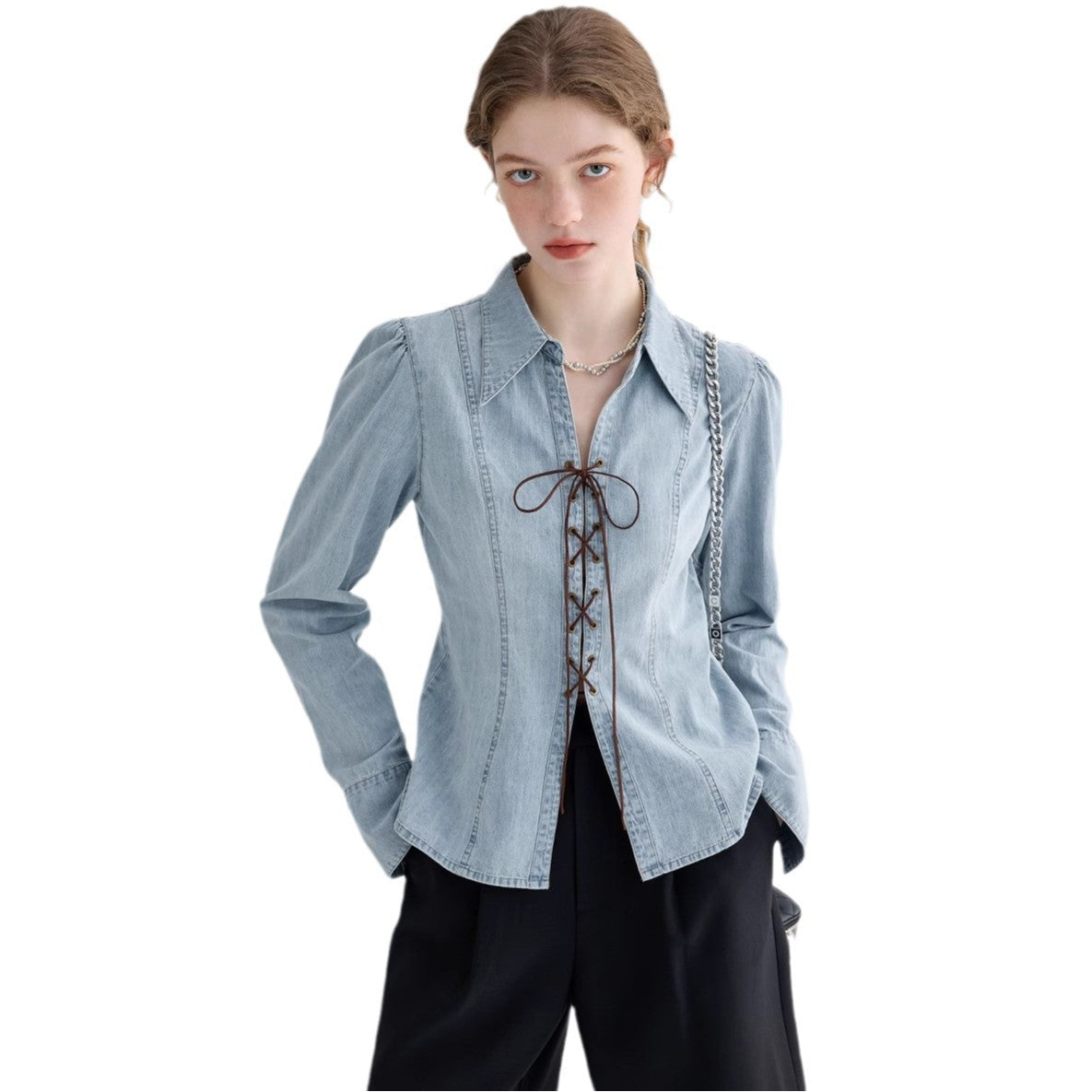 Damen Jeansbluse Geschnürtes Dekolleté Puffärmel Blau