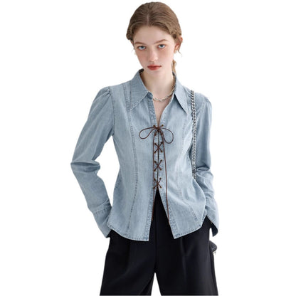 Damen Jeansbluse Geschnürtes Dekolleté Puffärmel Blau