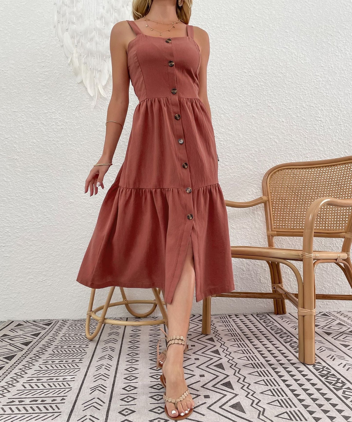Damen Midi-Kleid Knopf-Details Lässiger Rock Eveloria