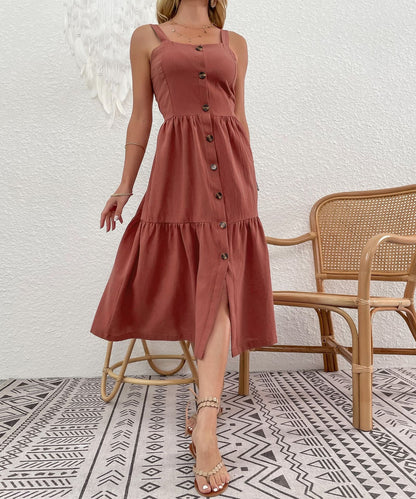 Damen Midi-Kleid Knopf-Details Lässiger Rock Eveloria