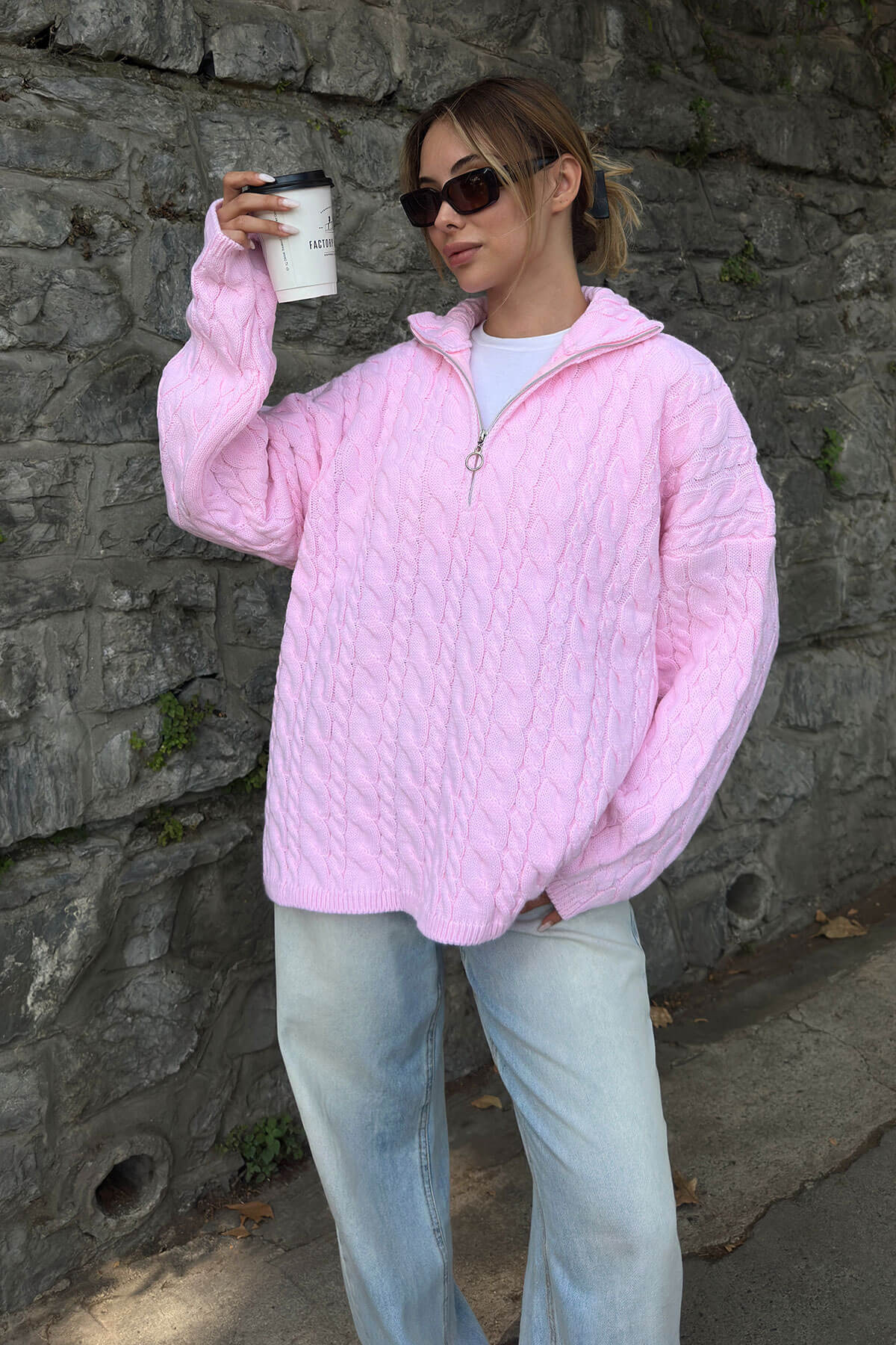 Damen Strickpullover Doppelreißverschluss Hochkragen Eveloria