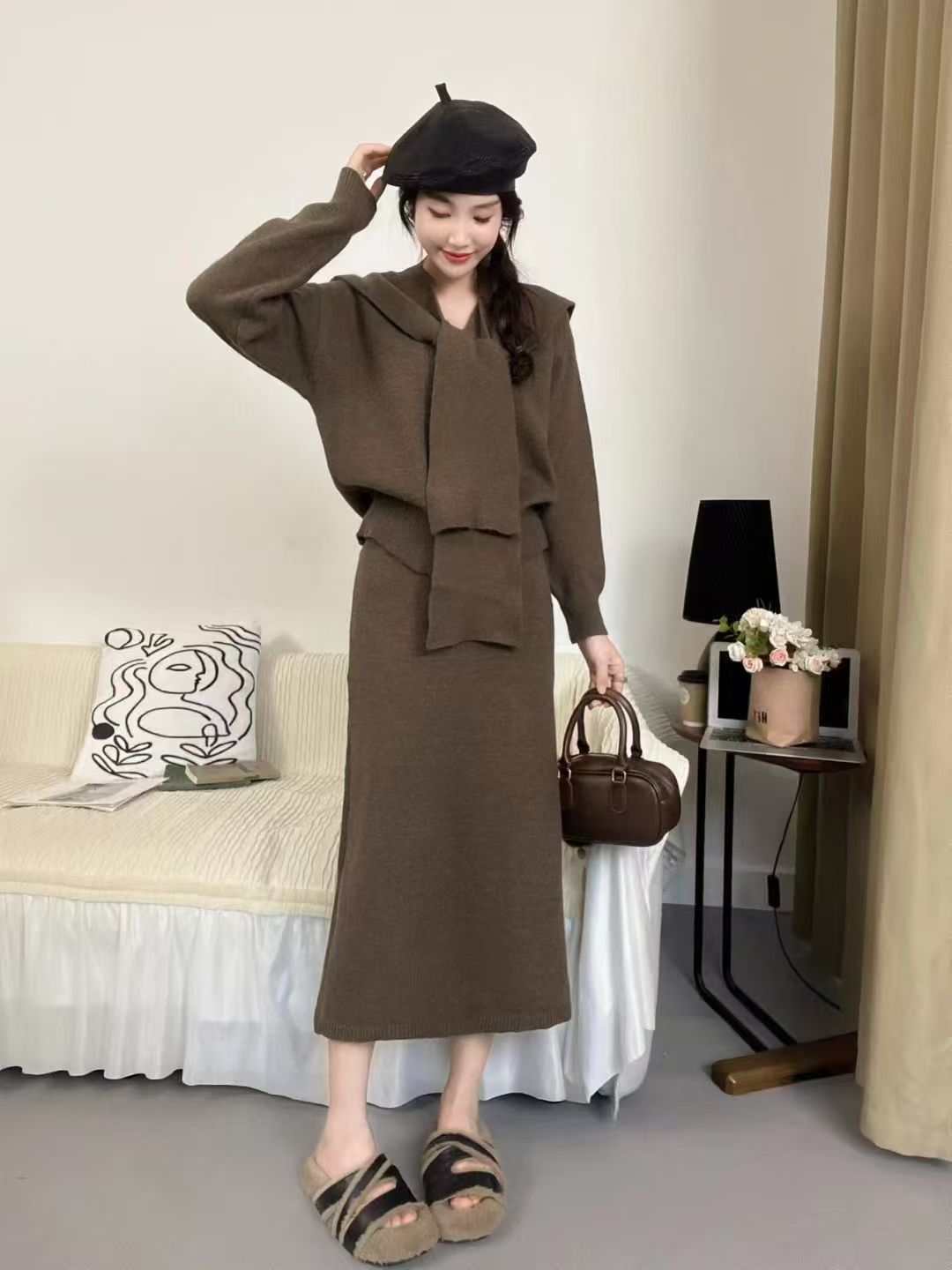 Damen Strickensemble Elegante Silhouette Mit Kragen
