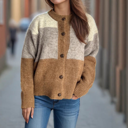 Damen Strickjacke Kuschellig Farbblockdesign Dekorative Knöpfe Beige
