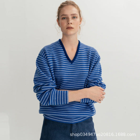 Damen Feinstrickpullover V-Ausschnitt Streifenmuster - Eveloria