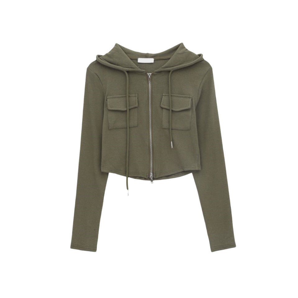 Damen Cropped Freizeitjacke Reißverschluss Kapuze Eveloria