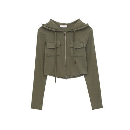 Damen Cropped Freizeitjacke Reißverschluss Kapuze Eveloria