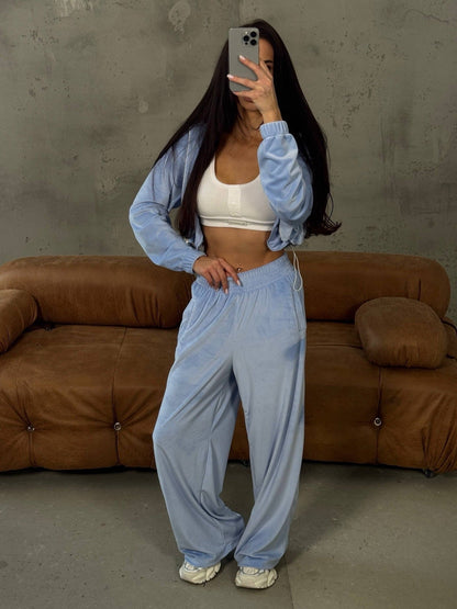 Damen Velours Jogginganzug Kurzärmelig Weite Beine