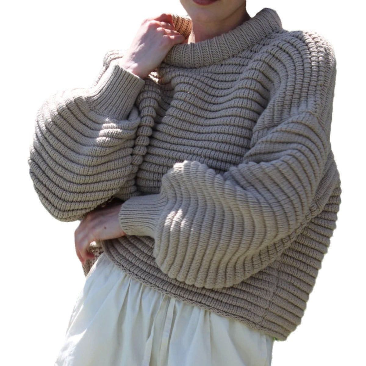 Damen Strickpullover Hohler Kragen Breite Rippbündchen Beige