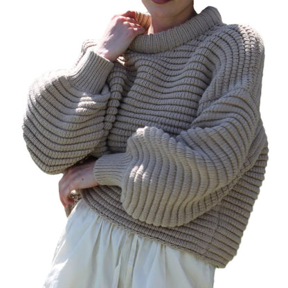 Damen Strickpullover Hohler Kragen Breite Rippbündchen Beige