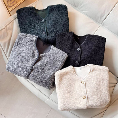 Damen Kuscheljacke Weich Velour mit Knöpfen Beige