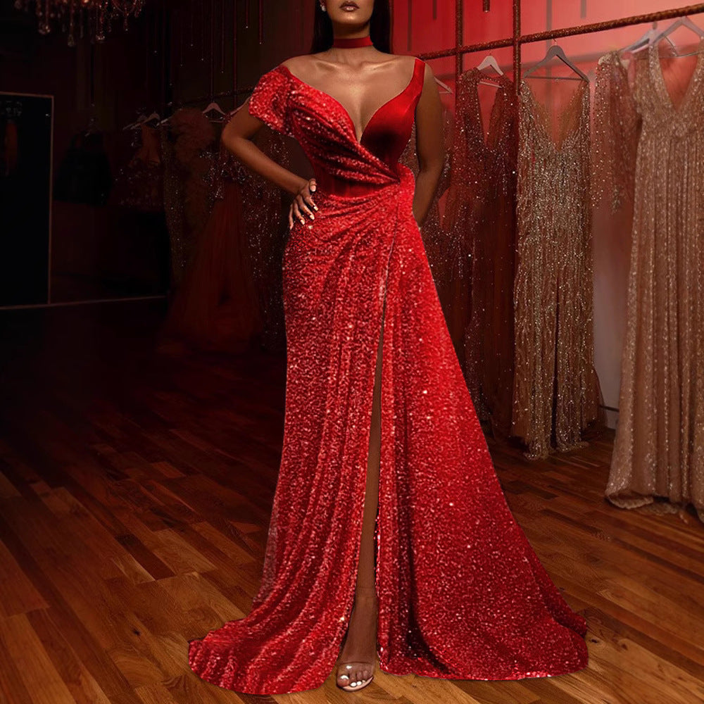Damen Abendkleid mit Pailletten und hohem Schlitz Eveloria