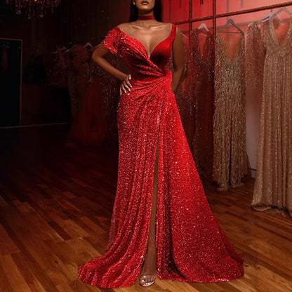 Damen Abendkleid mit Pailletten und hohem Schlitz Eveloria