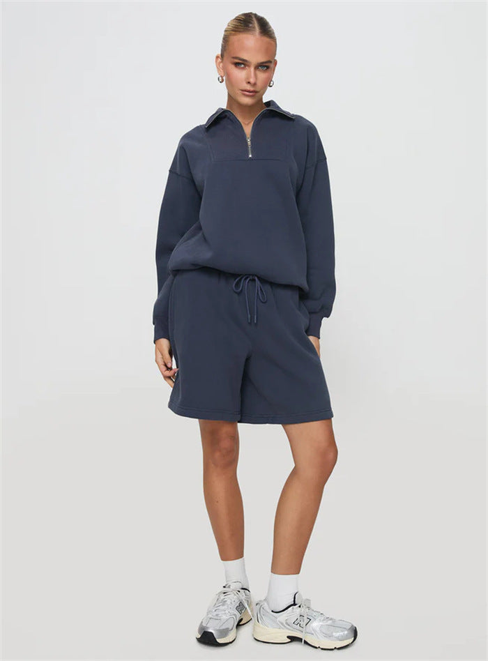 Damen Sweatshirt-Short-Anzug Stehkragen Reißverschluss Grau
