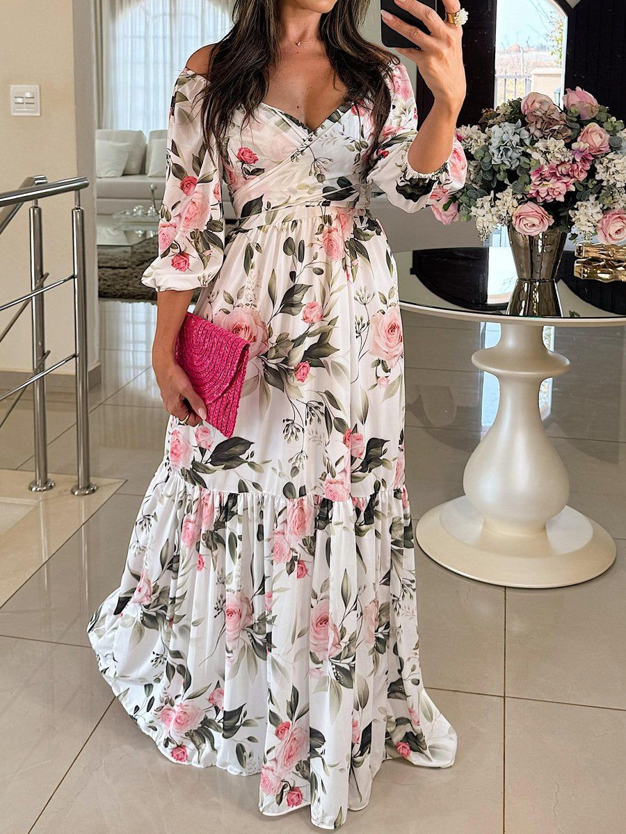 Damen Maxikleid Schulterfrei Rüschensaum Floral