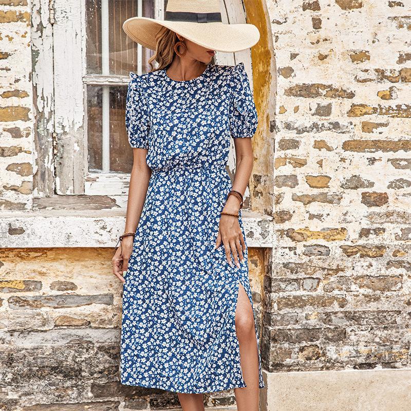 Damen Midi-Kleid Florale Rüschendetails Seitenschlitz Eveloria
