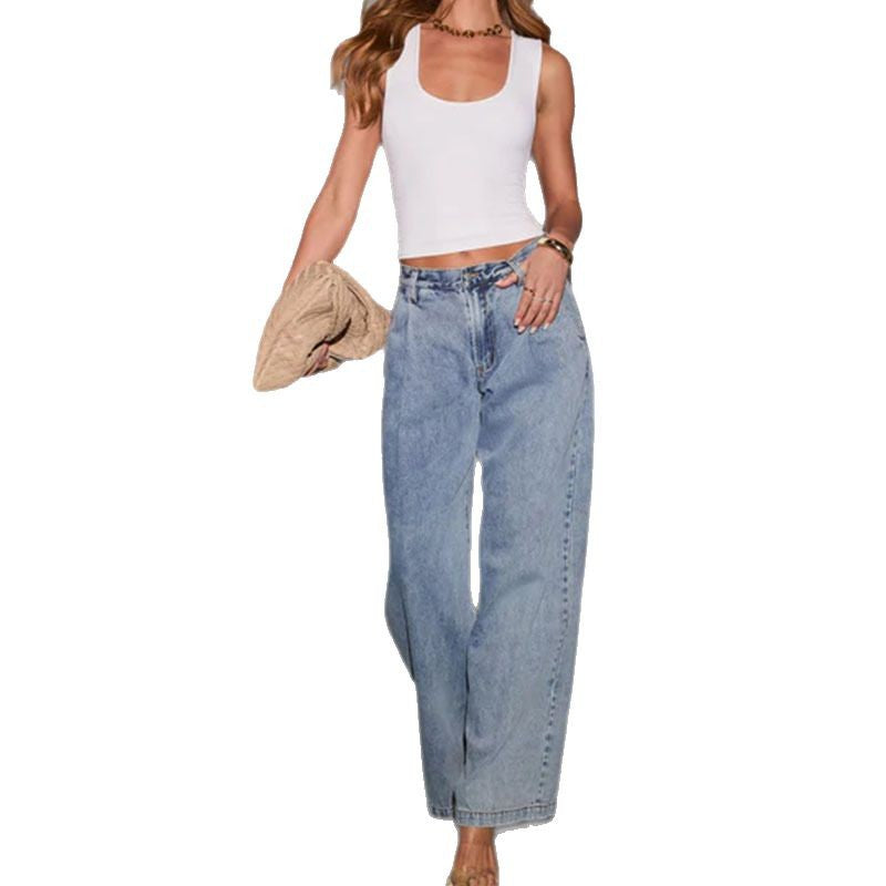 Damen Weite Jeanshose Hochbund Lässiger Schnitt Blau Eveloria
