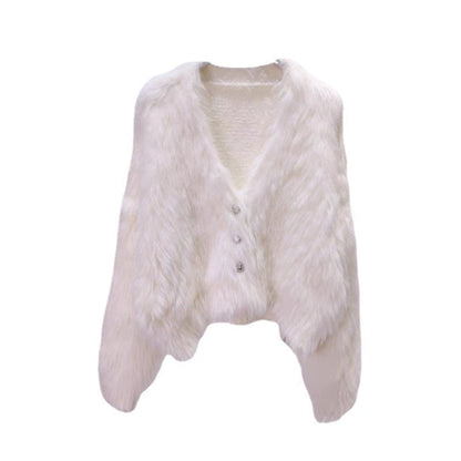 Damen Cardigan Flauschig Herzknöpfe Eveloria
