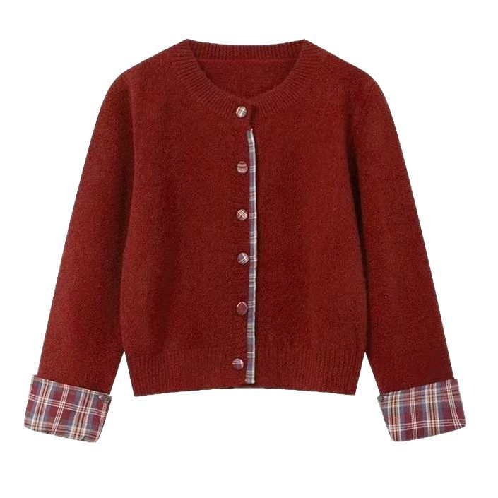 Damen Strickjacke Karomuster Mit Knöpfen Beige