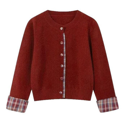 Damen Strickjacke Karomuster Mit Knöpfen Beige