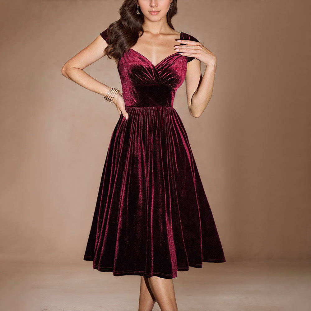 Damen Samt-Kleid Midi tiefes V-Neck elegante Taille Schwarz - Eveloria
