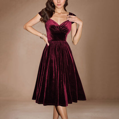 Damen Samt-Kleid Midi tiefes V-Neck elegante Taille Schwarz - Eveloria