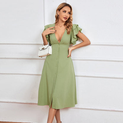 Damen Midikleid Rüschendetails Knopfleiste Eveloria - Eveloria