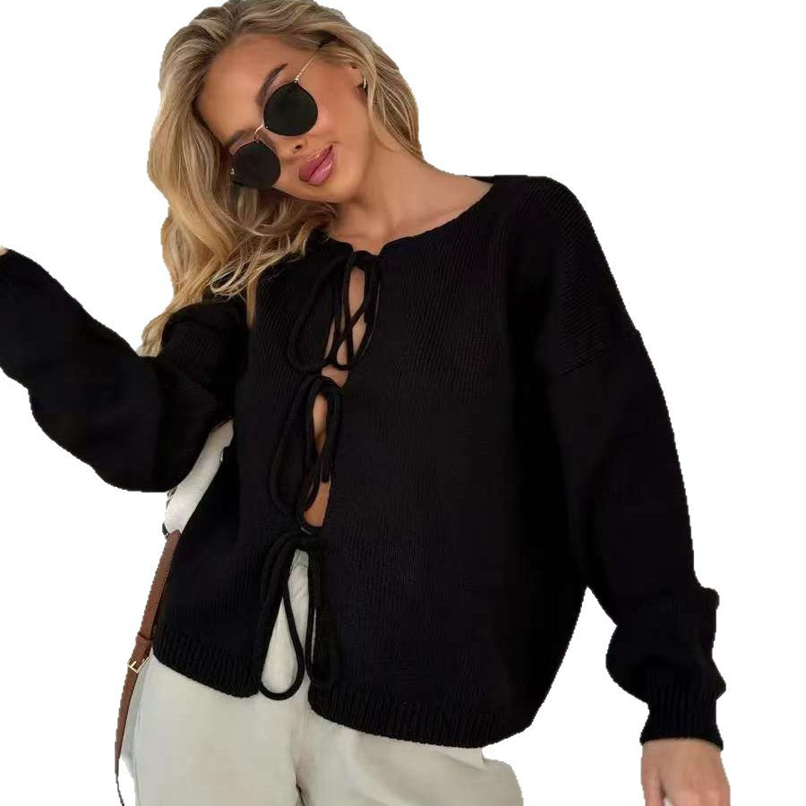 Damen Grobstrickpullover Lässig Bindebänder Beige