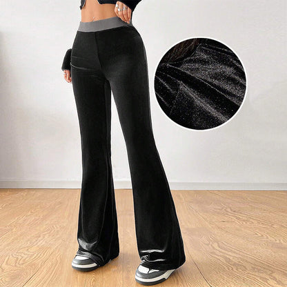 Damen Samt-Hose Flare elastischer Bund Schwarz Glitzernd - Eveloria