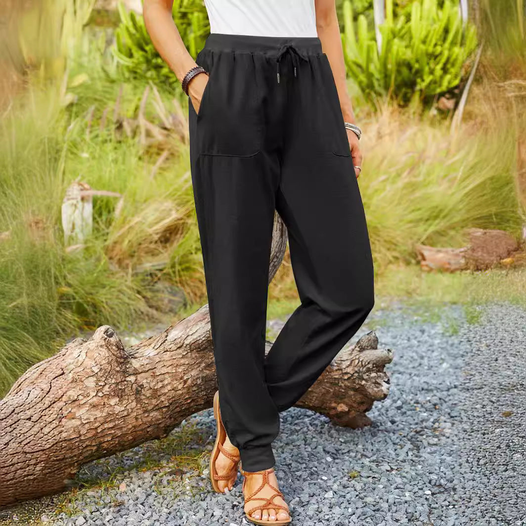 Damen Leinenhose Verstellbarer Bund Praktische Taschen Beige