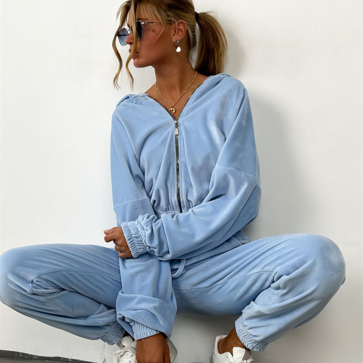 Damen Velours-Jogginganzug Kapuze Kordelzug Eveloria