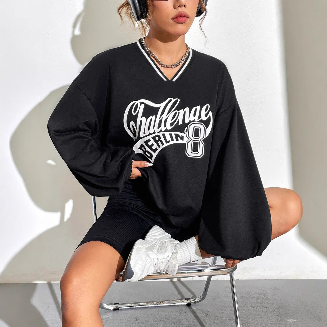 Damen Oversized Sweatshirt V-Ausschnitt Grafikprint Eveloria