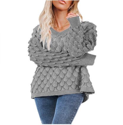 Damen Grobstrickpullover V-Ausschnitt Wellenmuster Eveloria