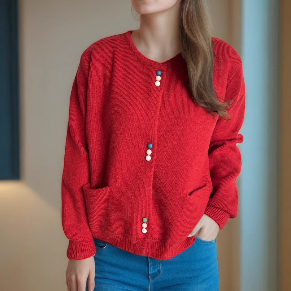 Damen Strickjacke Farbenfroh Mit Taschen